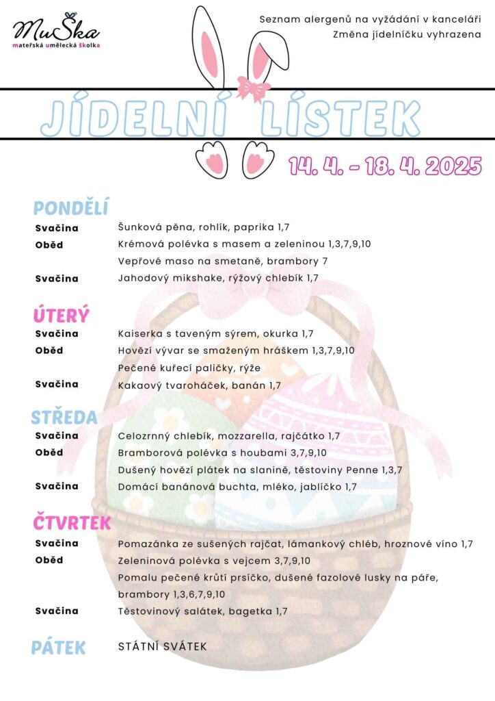 Jídelníček školka MuŠka Praha 10
