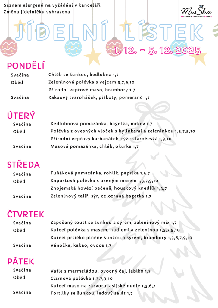 Jídelníček školka MuŠka Praha 10