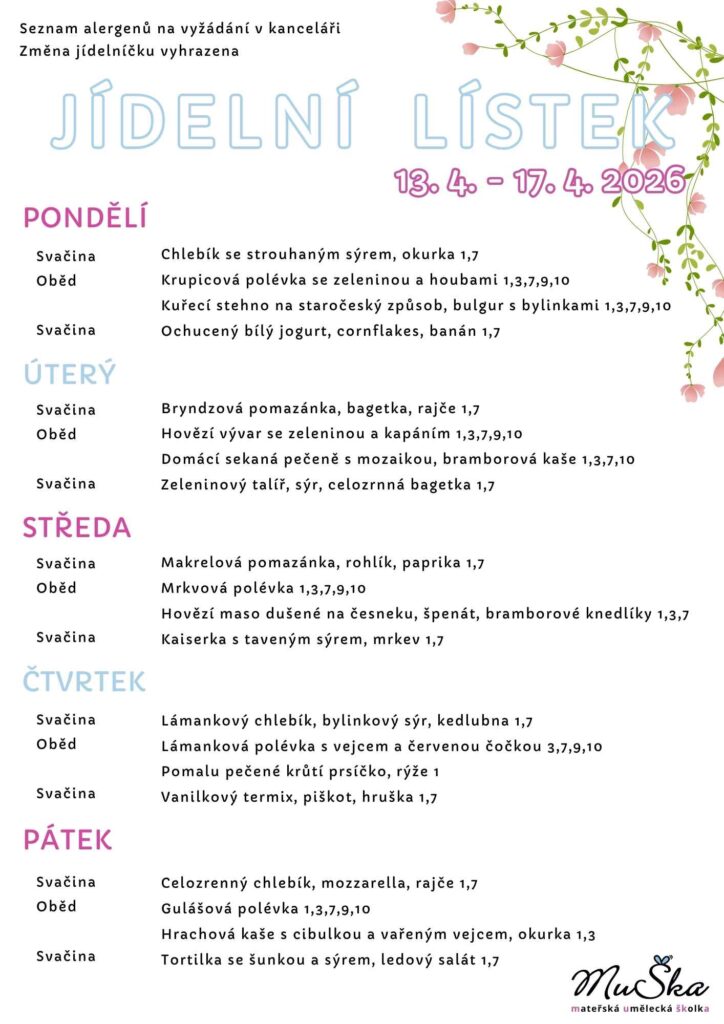 jídelníček školka MuŠka Praha 10