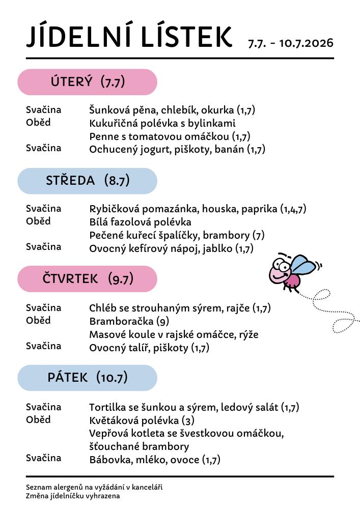 jídelníček školka MuŠka Praha 10